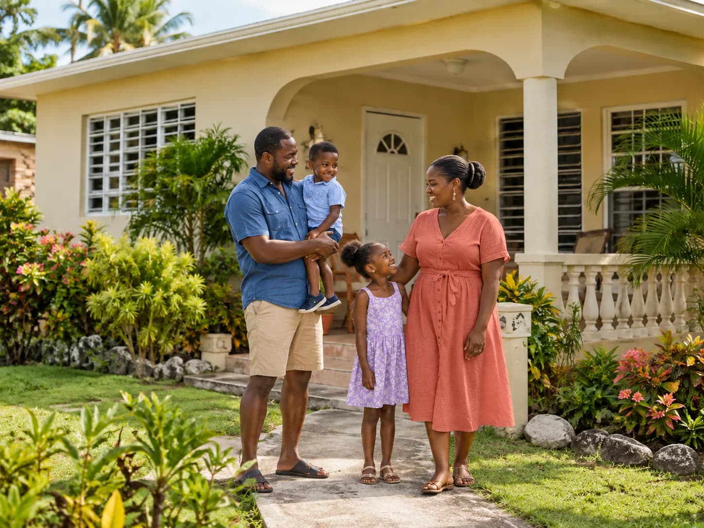Illustrative family outside a home in Jamaica