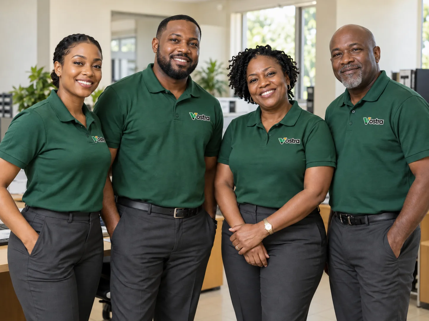 Illustrative employees wearing matching Vostra uniforms